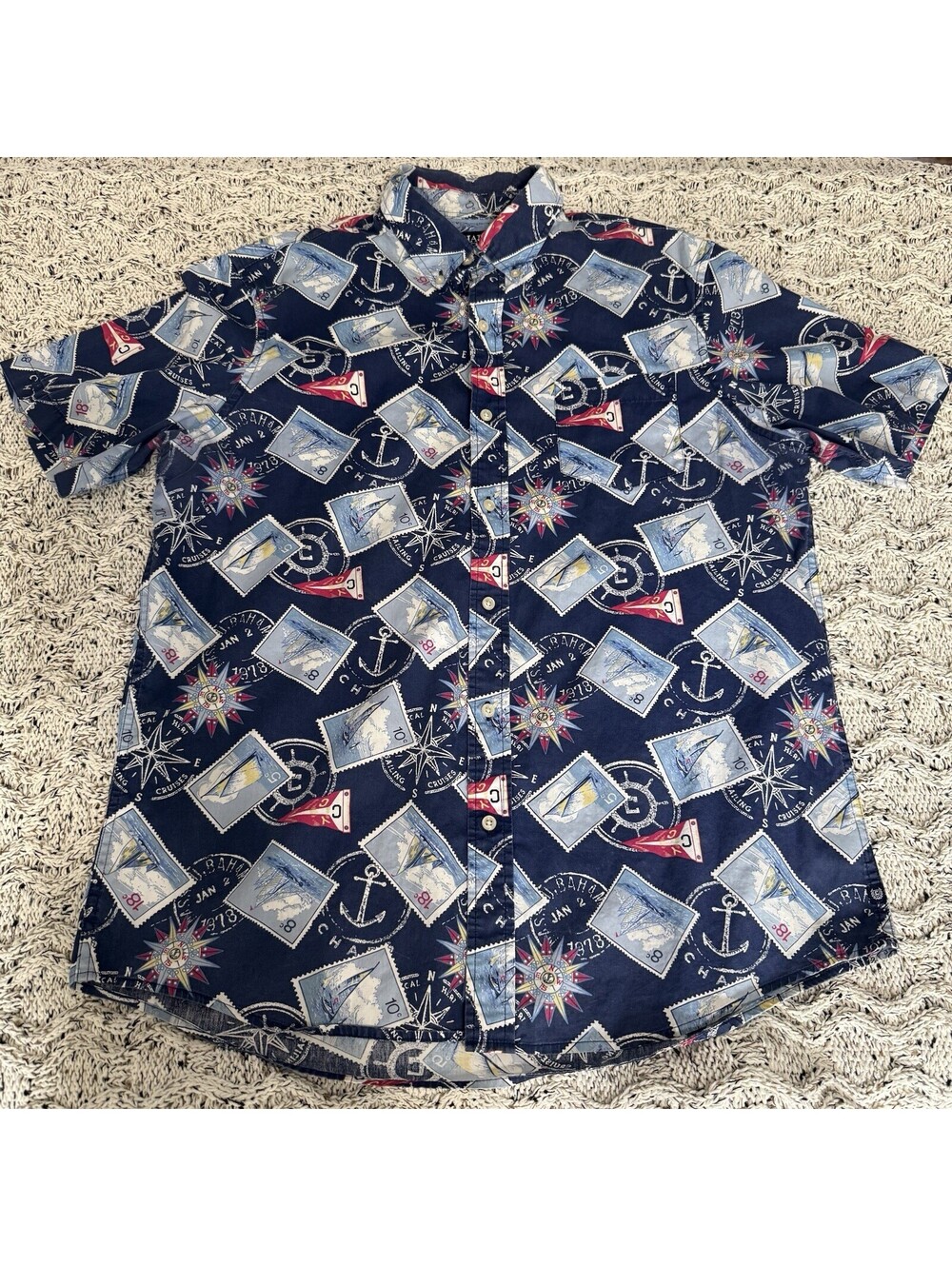 Chaps Sailboats Stamps  Mens Large Blue Anchor Nautical Print Short Sleeve